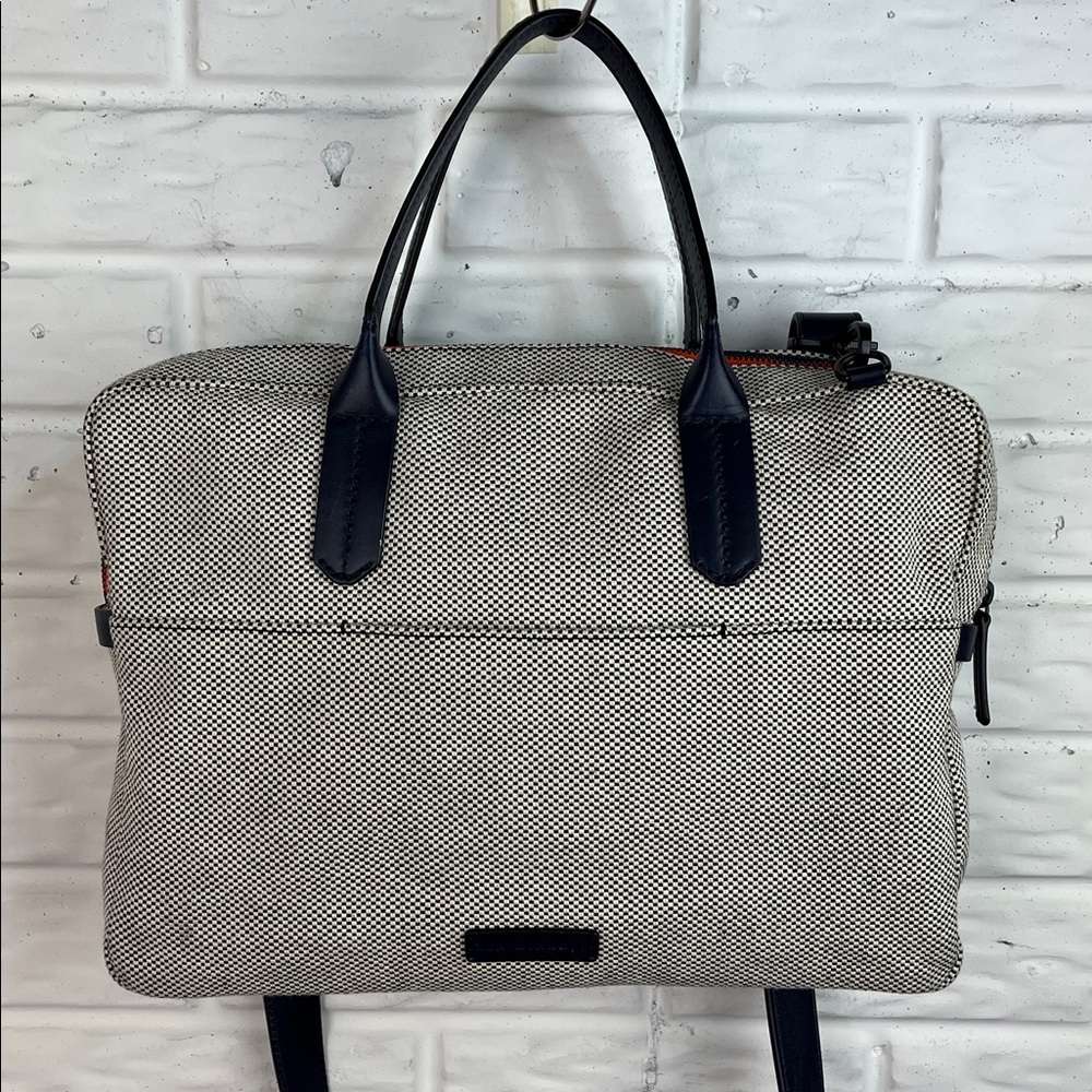 BEN MINKOFF FULTON MESSENGER BRIEFCASE BLACK WHITE FABRIC NAVY LEATHER TRIM